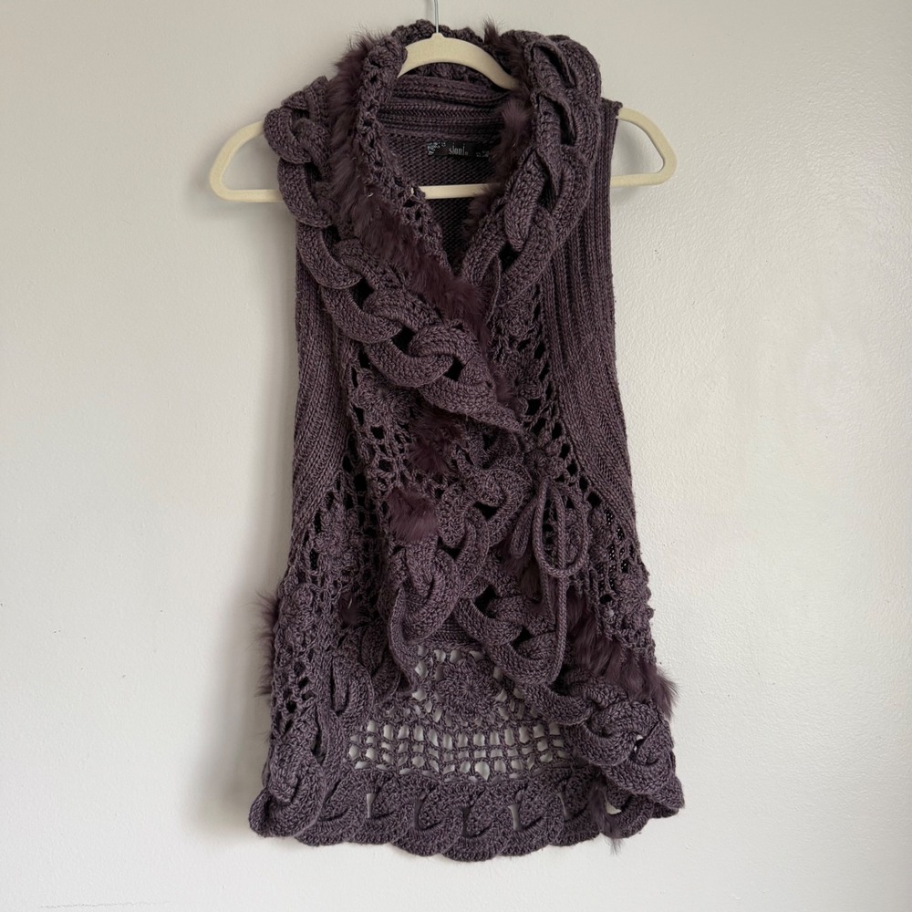 Vintage Sioni Purple Knit Rabbit Fur Trim Vest Crochet Cable Knit Wool Blend - Picture 1 of 5